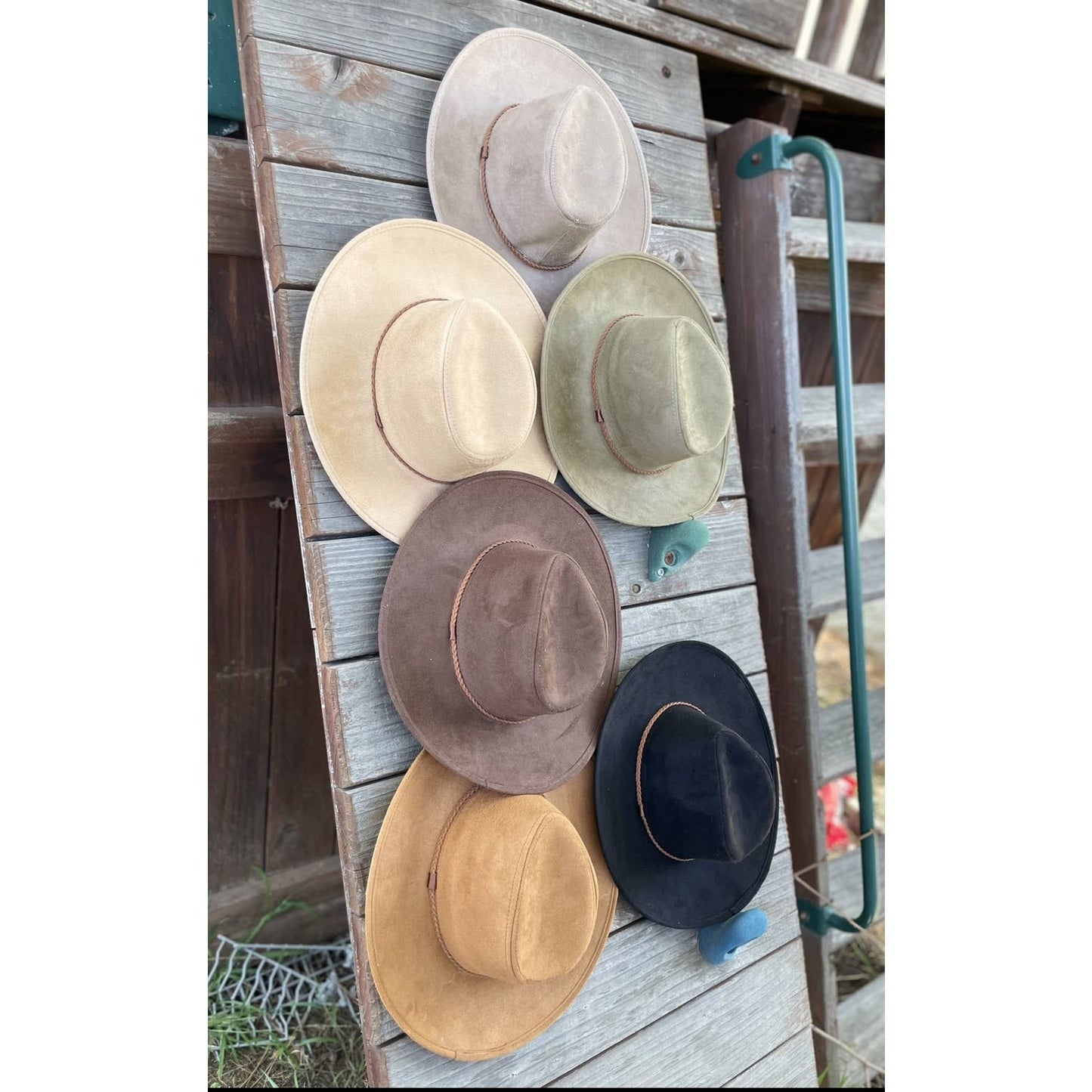 Faux suede wide brim panama hat with braided band and stiff