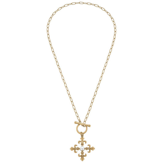 Oliva Fleur de Lis Cross Necklace in Worn Gold