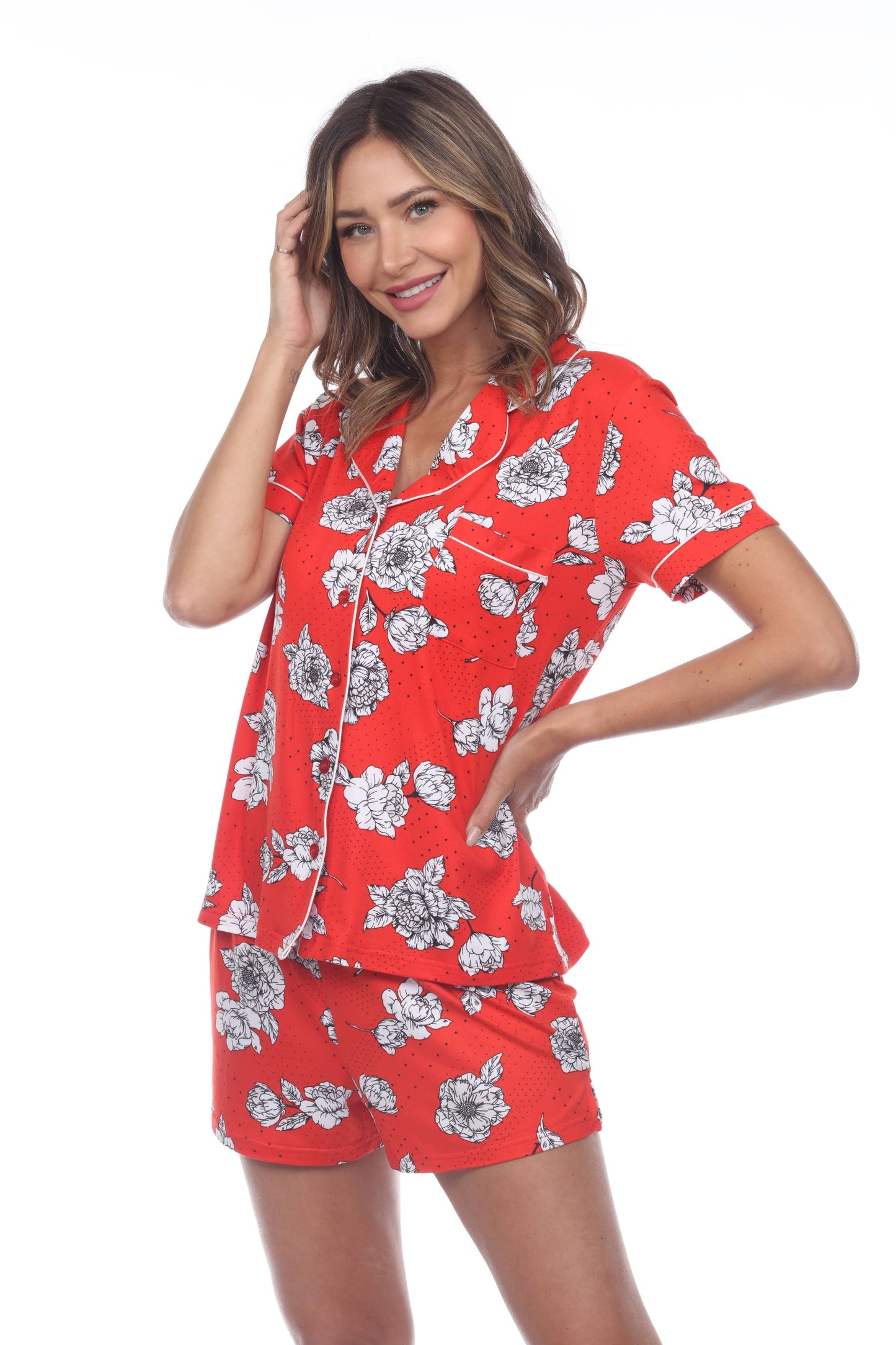 Women's Short Sleeve Floral Pajama Set: Medium / Rose
