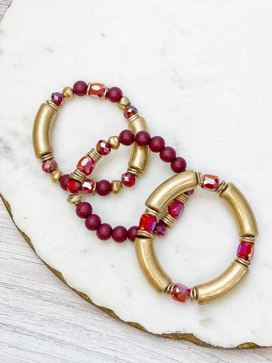 Gold Tube Beaded Stretch Bracelet Sets: Red