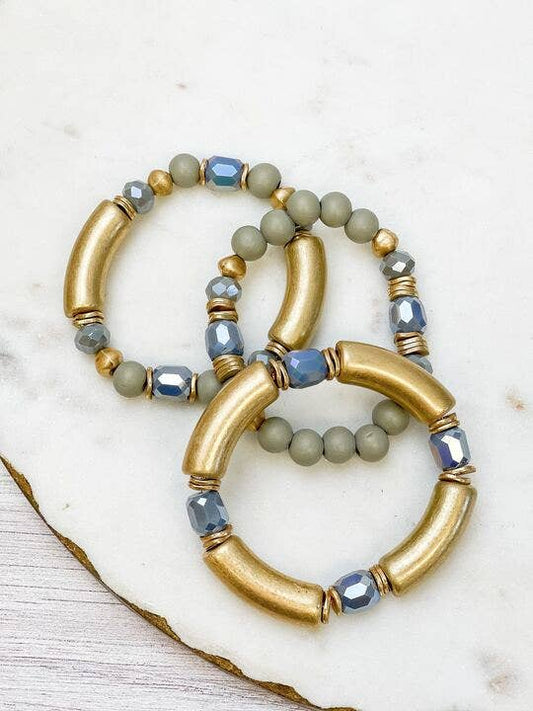 Gold Tube Beaded Stretch Bracelet Sets: Gray