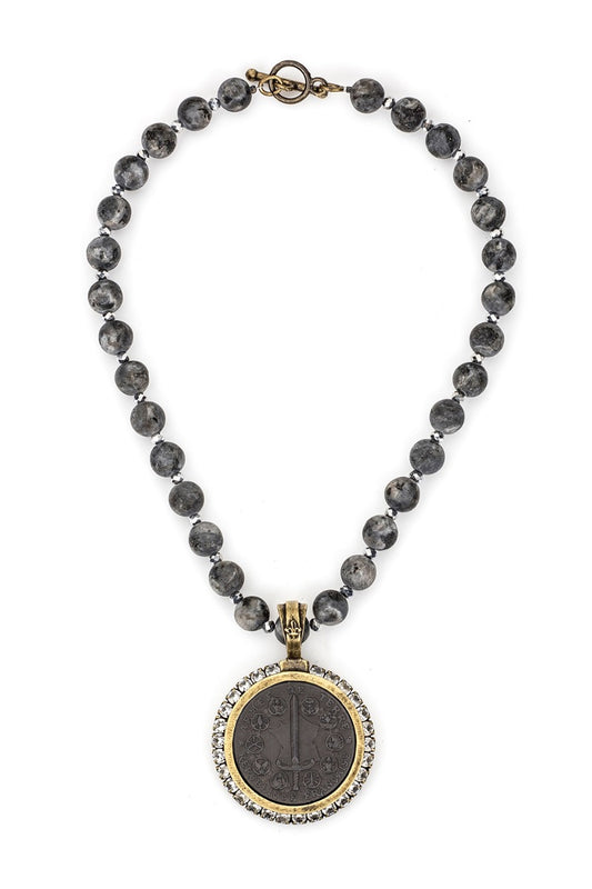 SANDBLAST BLACK LABRADORITE AND SILVER CRYSTAL WITH AUSTRIAN CRYSTAL REX MEDALLION