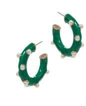 Dotted Pearl & Enamel Open Hoops: Green