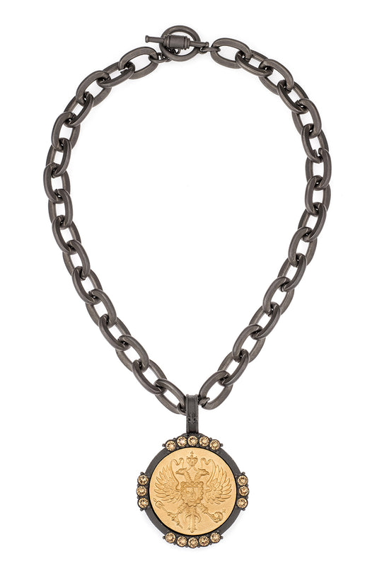 GRAPHITE LOURDES CHAIN WITH CANARD MEDALLION AND AUSTRIAN CRYSTAL