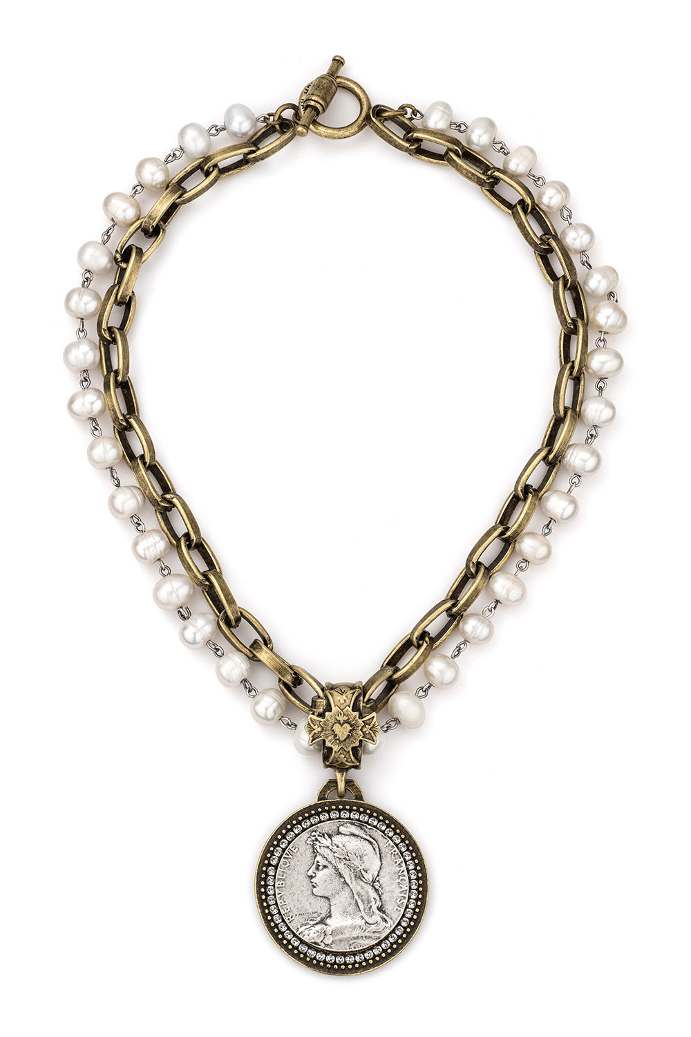DOUBLE STRANDED PEARLS WITH SILVER WIRE, LYON CHAIN AND CHEMINS MEDALLION AND AUSTRIAN CRYSTAL