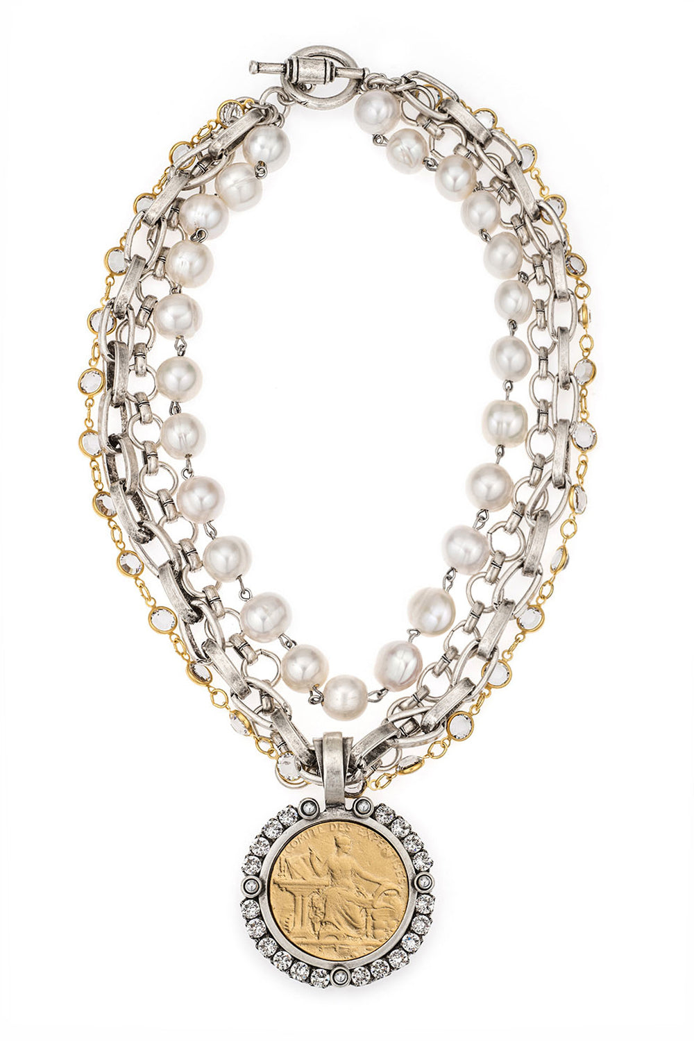 FOUR STRAND AUSTRIAN CRYSTAL, PEARL AND CHAINS WITH COMITE MEDALLION AND AUSTRIAN CRYSTAL