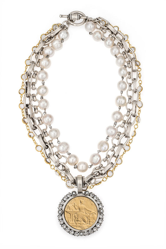 FOUR STRAND AUSTRIAN CRYSTAL, PEARL AND CHAINS WITH COMITE MEDALLION AND AUSTRIAN CRYSTAL