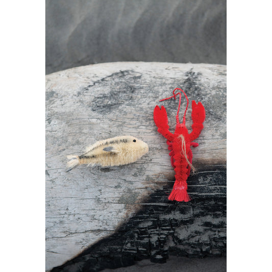6-3/4"L x 1-1/2"H Sisal Bottle Brush Crawfish Ornament, Red