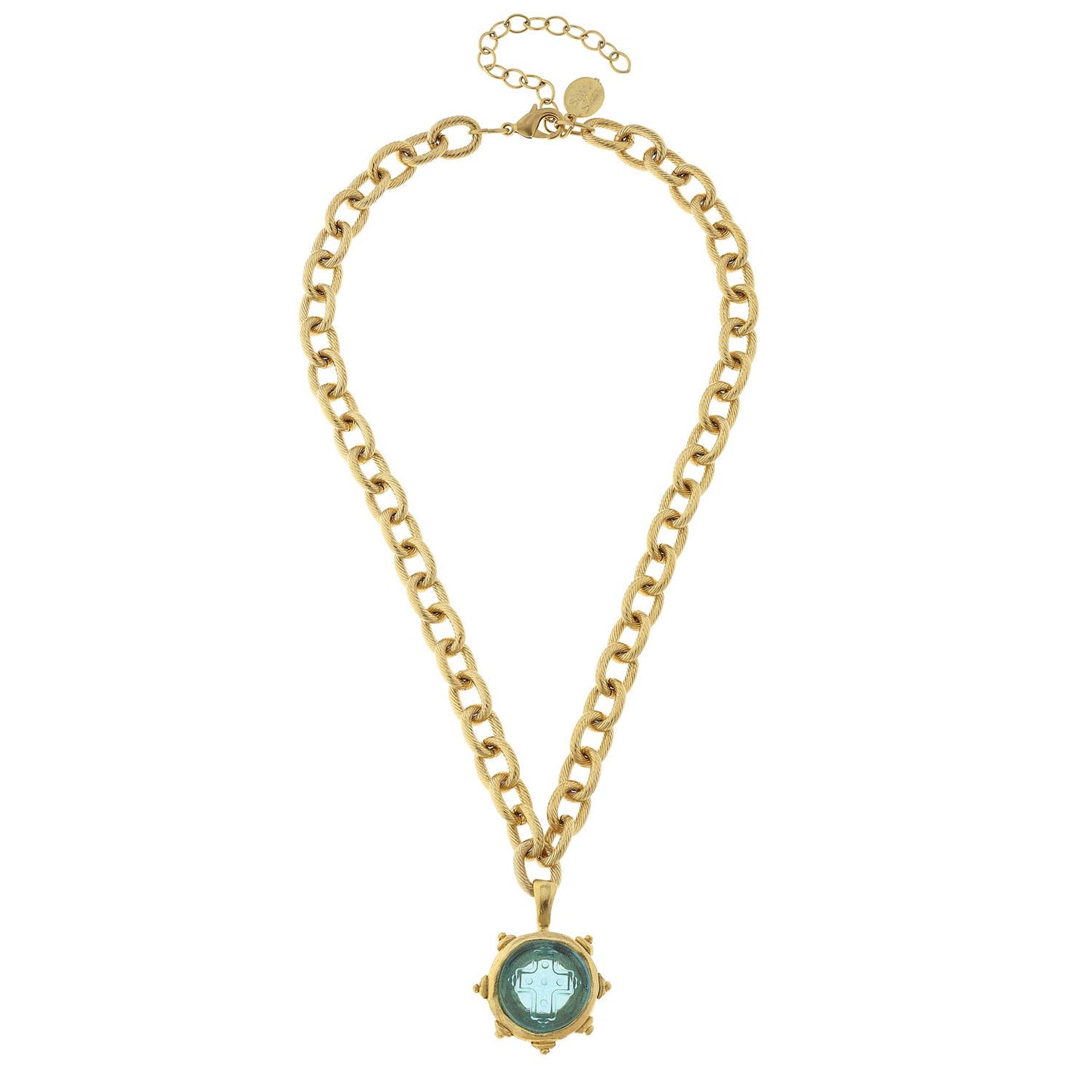Aqua Venetian Small Glass Cross Intaglio on Gold Chain Necklace