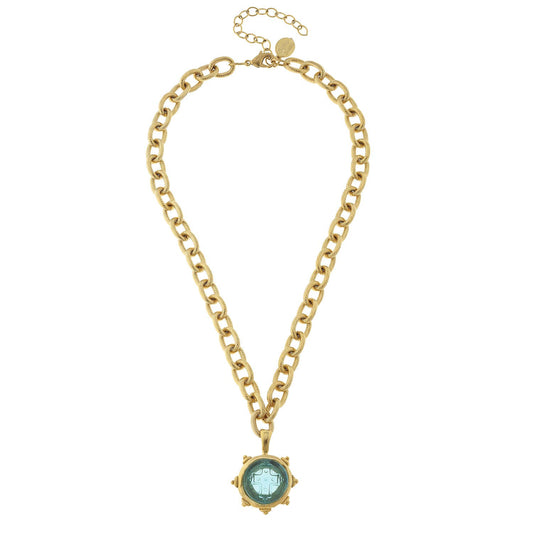 Aqua Venetian Small Glass Cross Intaglio on Gold Chain Necklace