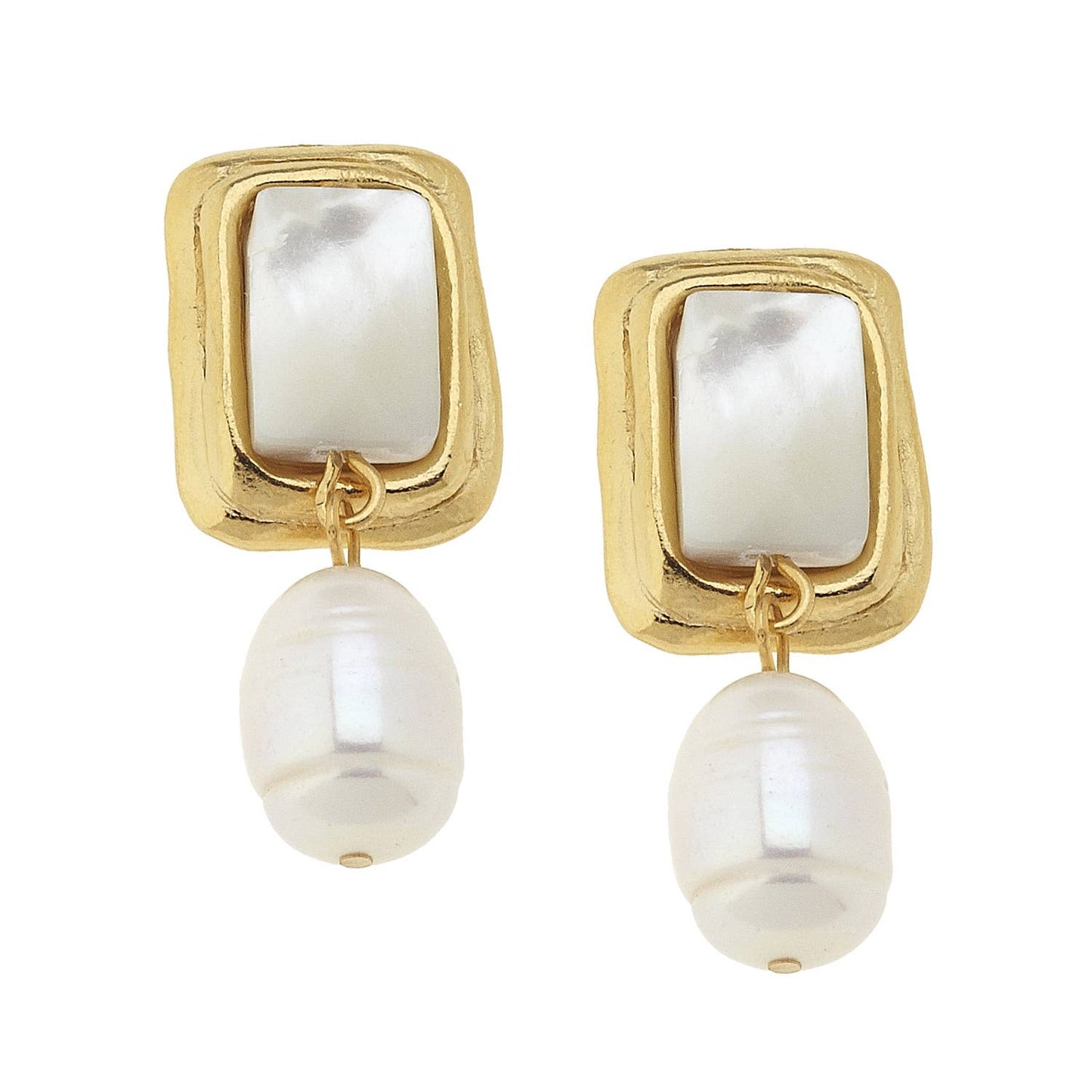 Gold and Mother of Pearl Rectangle with Genuine Freshwater Pearl Earrings