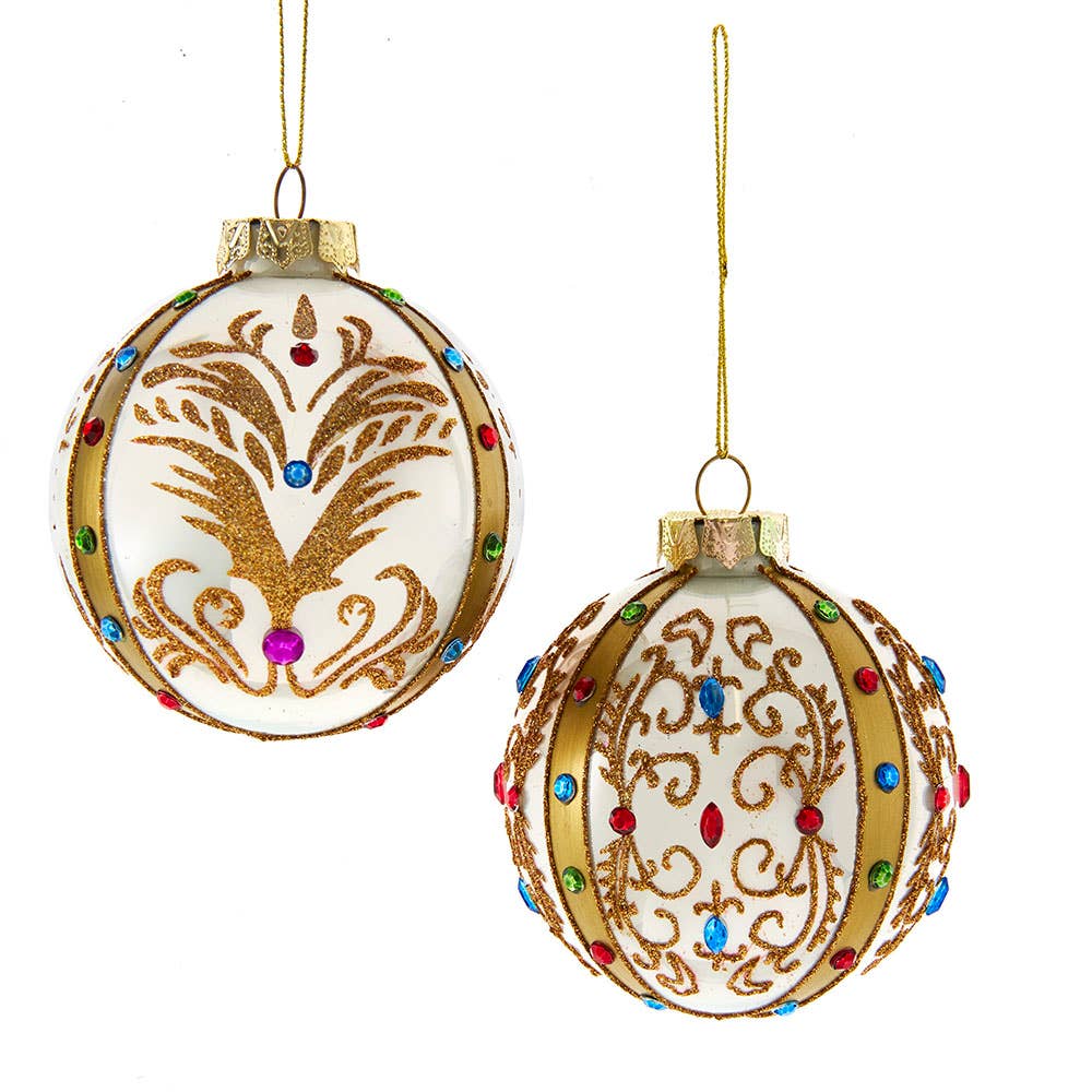 80MM Glass White and Gold Jeweled Ornaments, 2 Assorted
