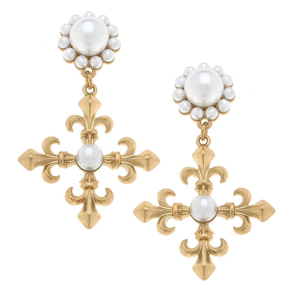 Oliva Fleur de Lis Cross Drop Earrings in Worn Gold