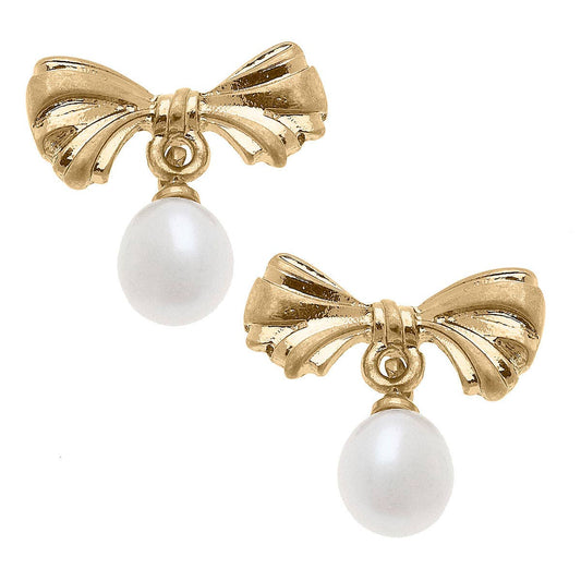 Cici Bow & Pearl Drop Earrings in Worn Gold
