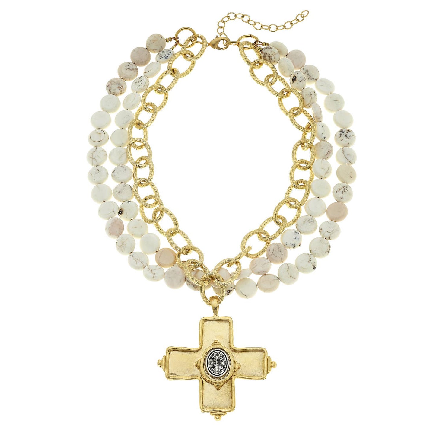 Gold Cross with St Benedict and White Turquoise.