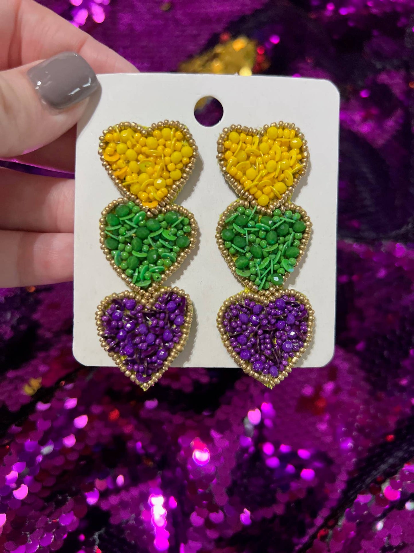 Mardi Gras hearts Seed bead earrings
