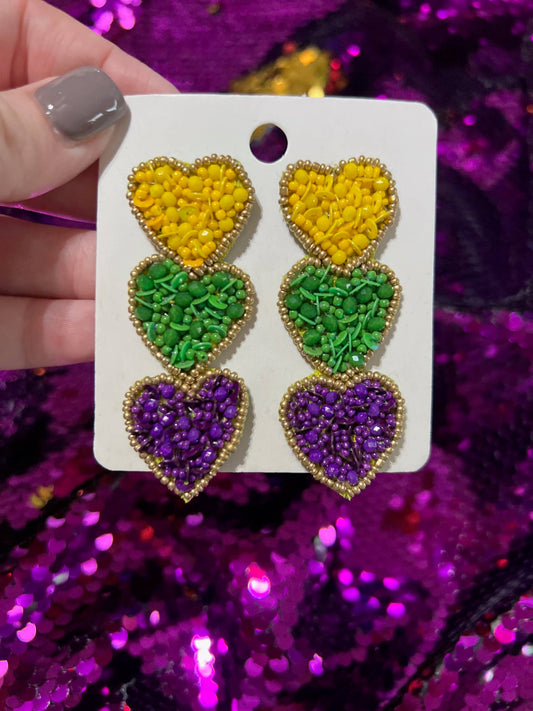 Mardi Gras hearts Seed bead earrings