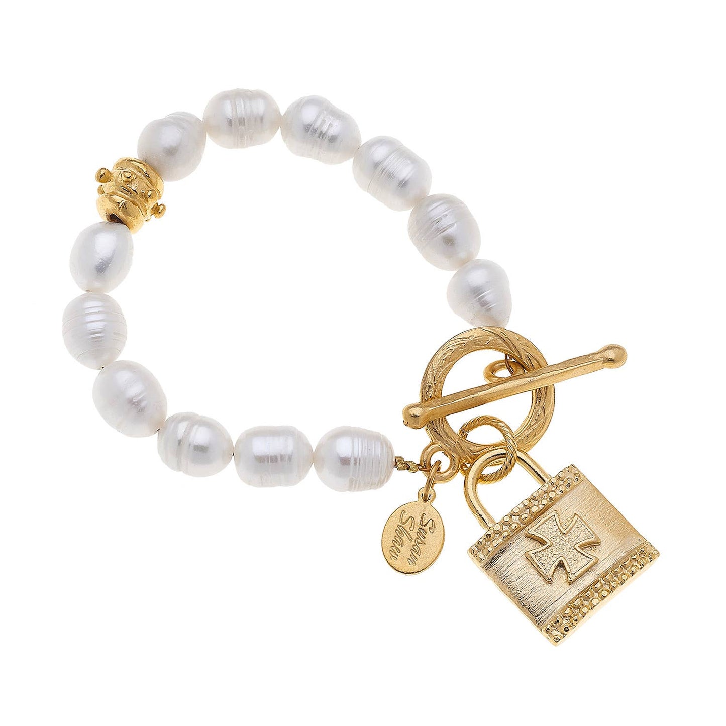 Freshwater Pearl & Gold Maltese cross Lock Bracelet