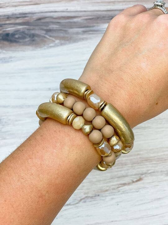 Gold Tube Beaded Stretch Bracelet Sets: Beige