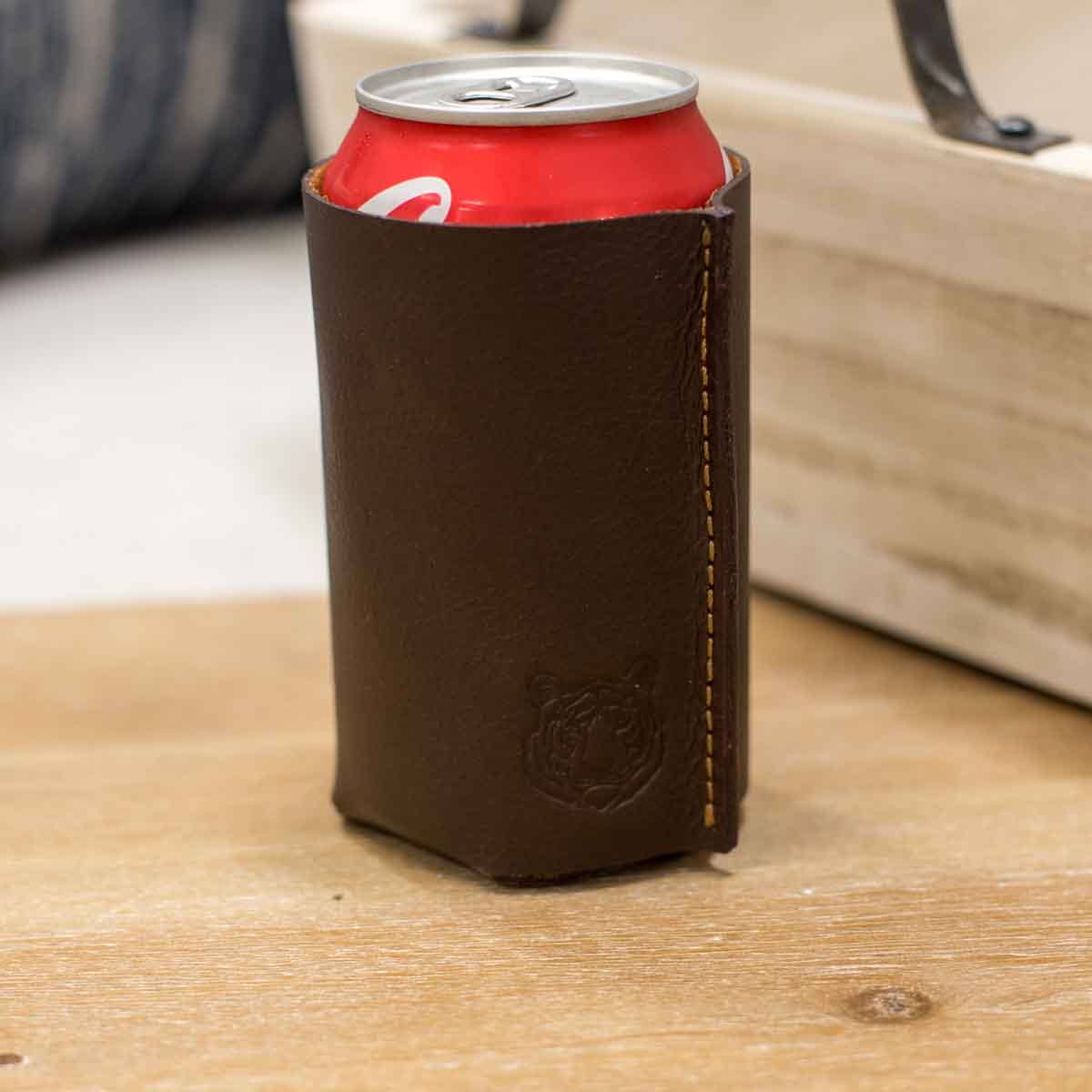 Tiger Leather Embossed Can Cooler   Dark Brown    4.5x4