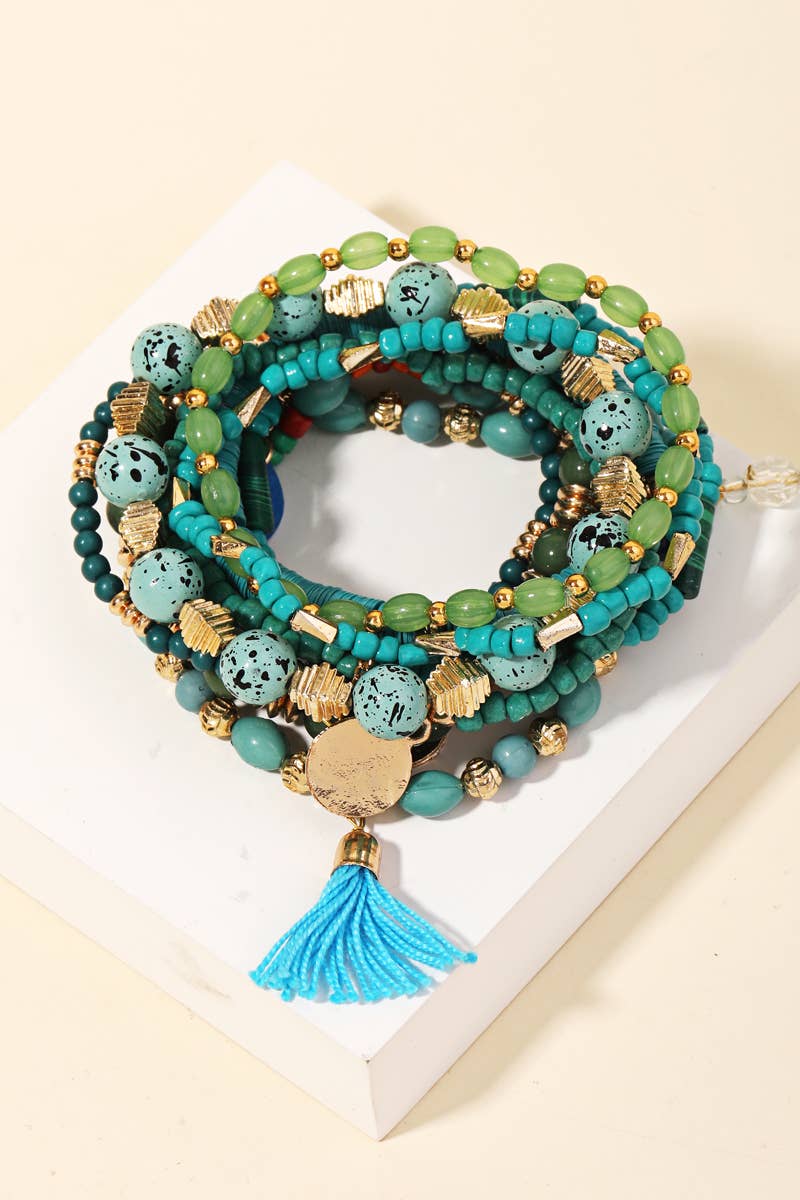 Assorted Turquoise Beaded Tassel Bracelet Set