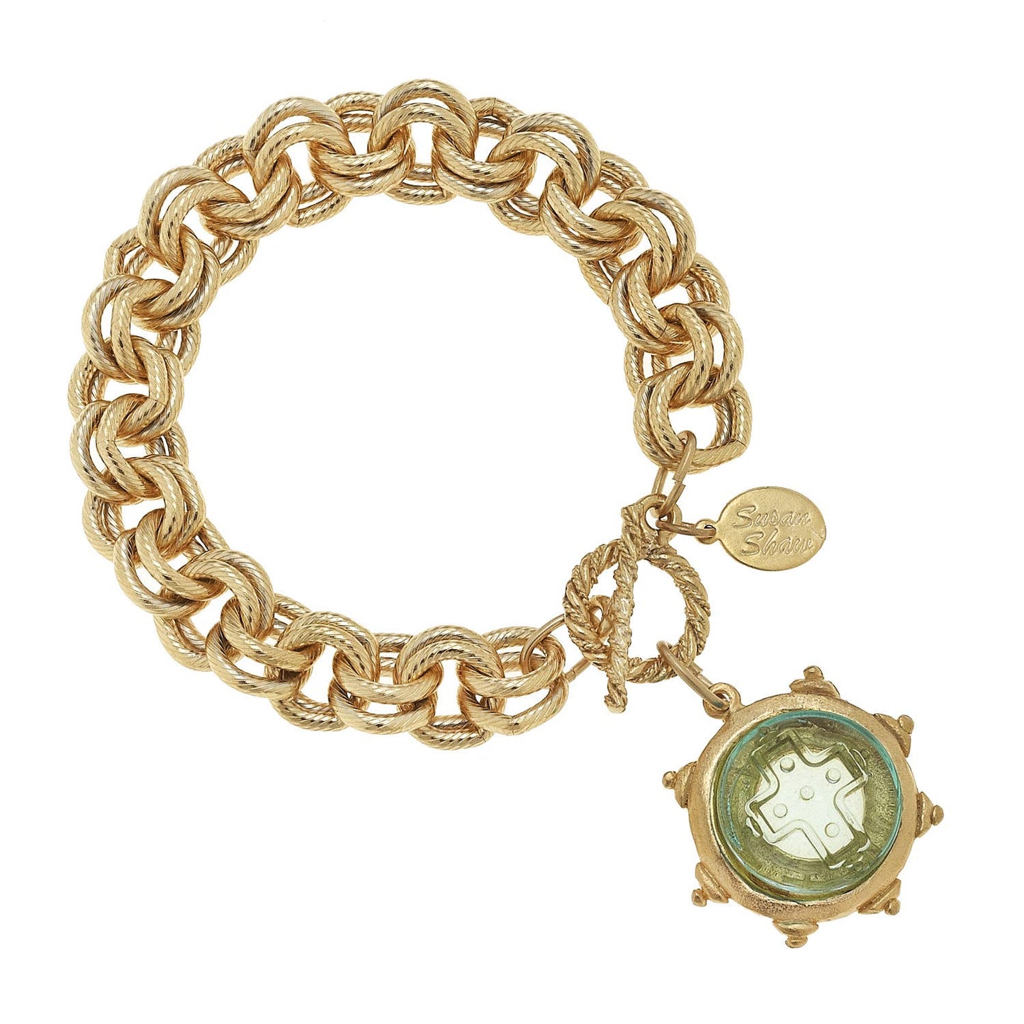 Clear Venetian Glass Cross Intaglio on Gold Chain Bracelet
