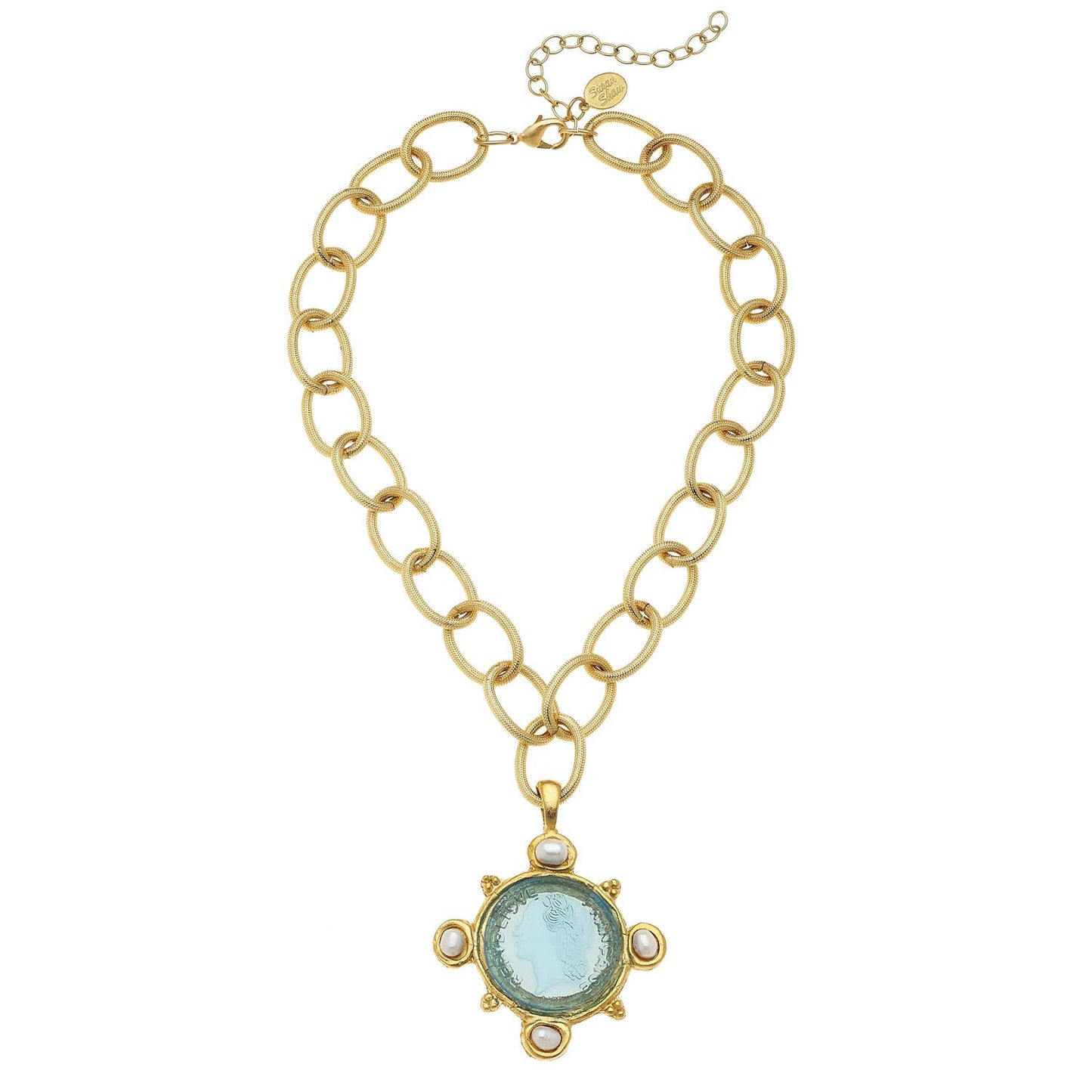 Aqua Venetian Glass Coin Intaglio and Genuine Freshwater Pearls on Chain Necklace