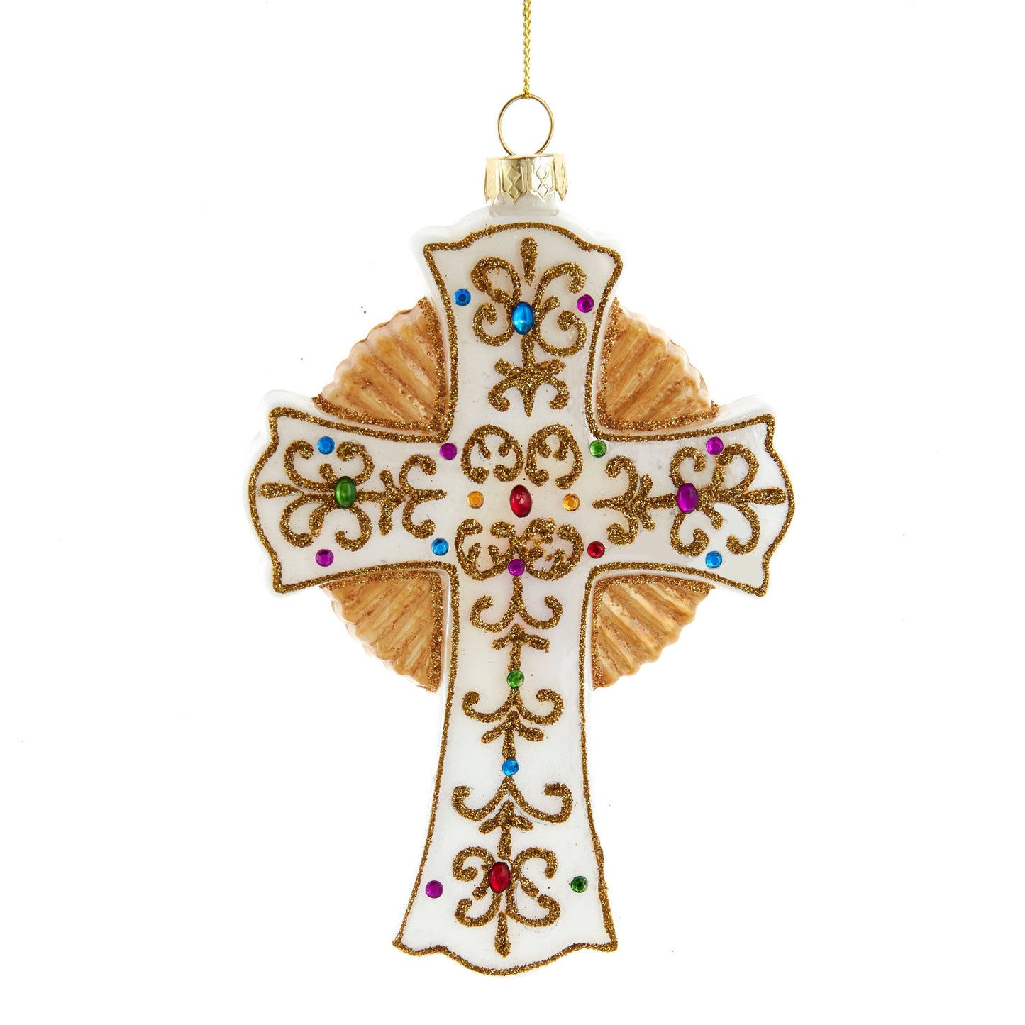 White and Gold Jeweled Cross Ornament