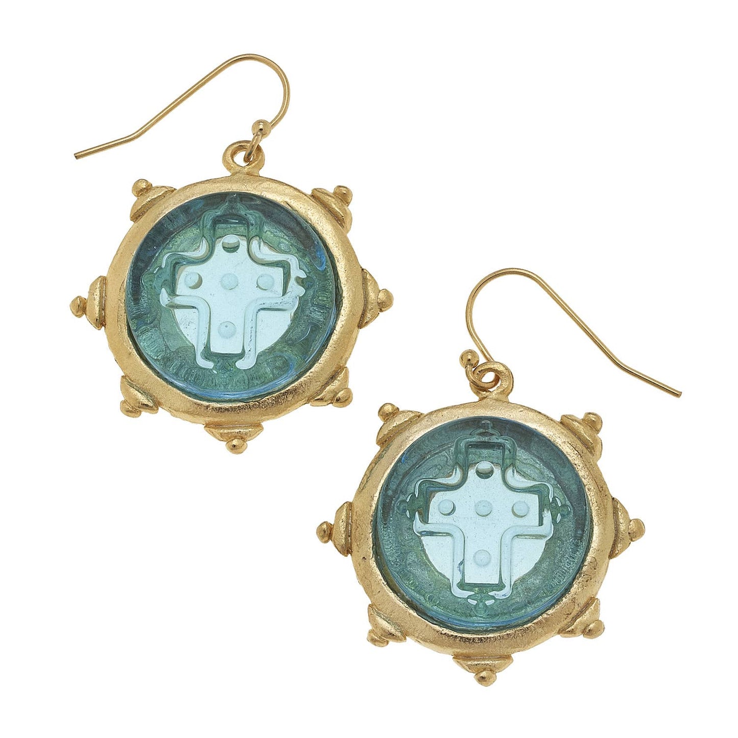 Aqua Venetian Glass Cross Intaglio Earrings