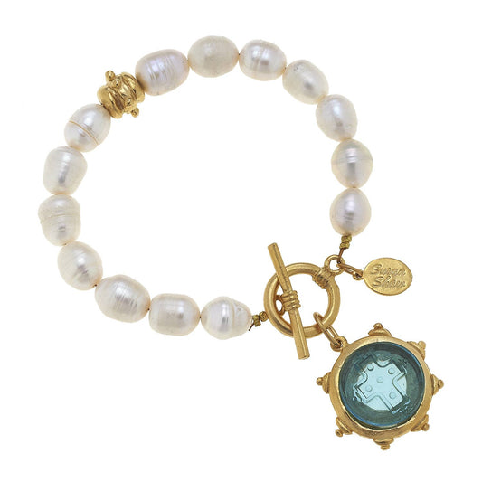 Aqua Venetian Glass Cross Intaglio on Genuine Freshwater Pearl Bracelet