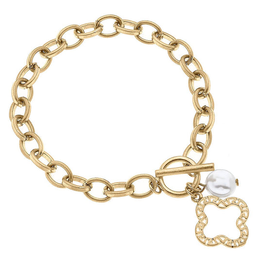 Parker Greek Keys Clover T-Bar Charm Bracelet in Worn Gold