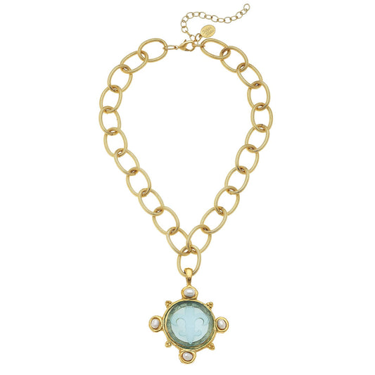 Aqua Venetian Glass Fleur De Lis Intaglio and Genuine Freshwater Pearls on Chain Necklace