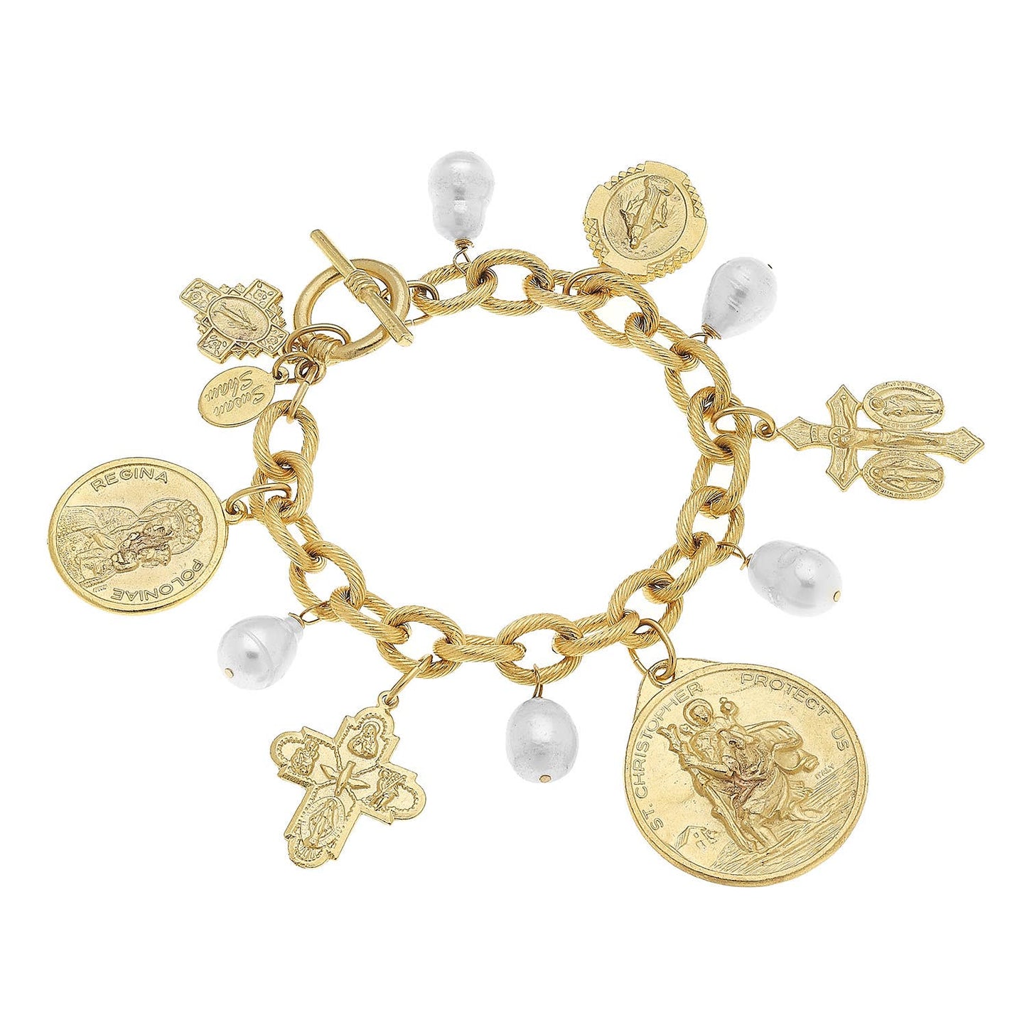 Gold Saints Charm Bracelet with Genuine Freshwater Pearls