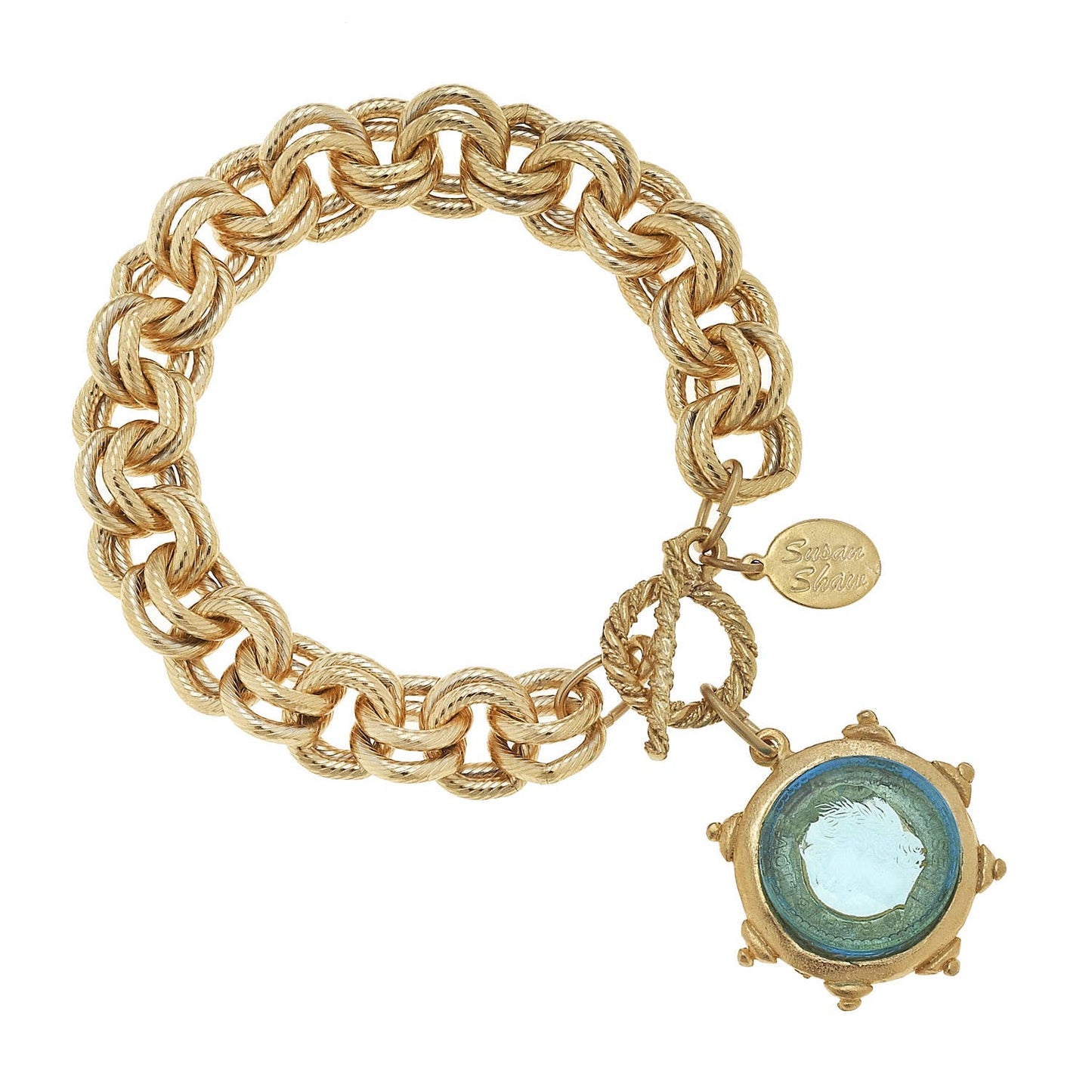Aqua Venetian Glass Coin Intaglio on Gold Chain Bracelet