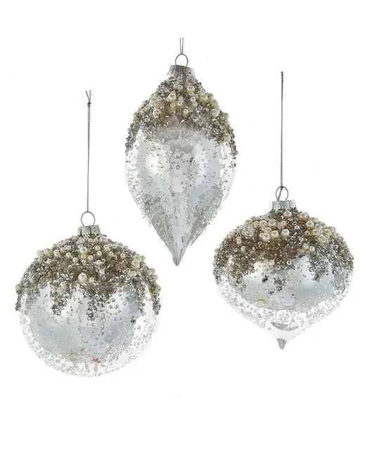 Glass Icy Silver Ball, Onion and Drop Ornaments, 3 Assorted
