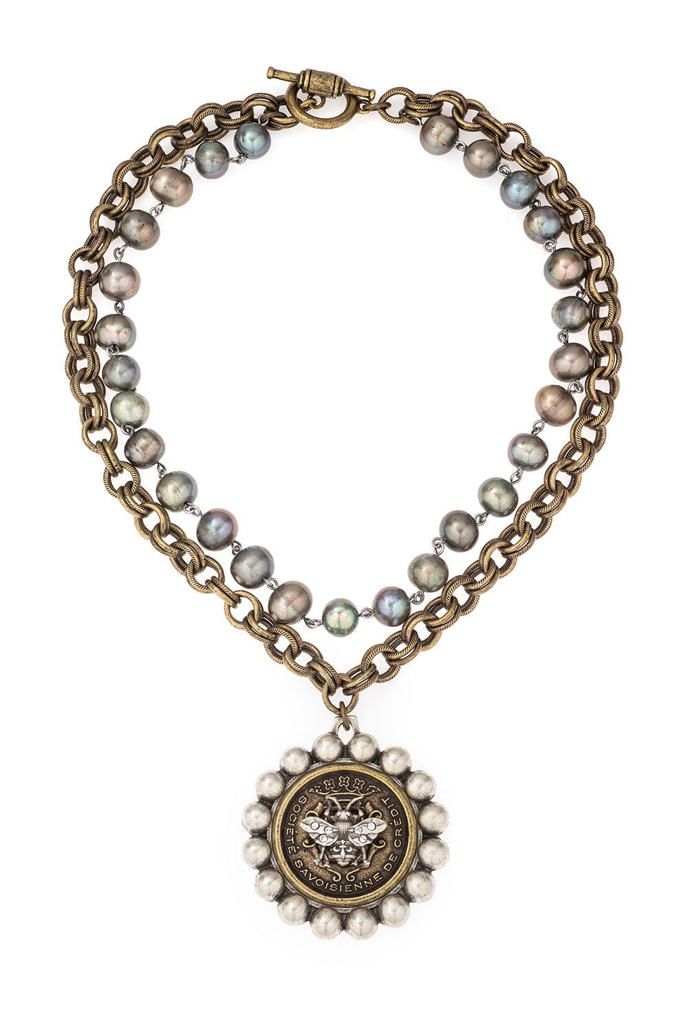 DOUBLE STRANDED EMERALD PEARLS AND PROVENCE CHAIN WITH CENTENNIAL FKB STACK MEDALLION