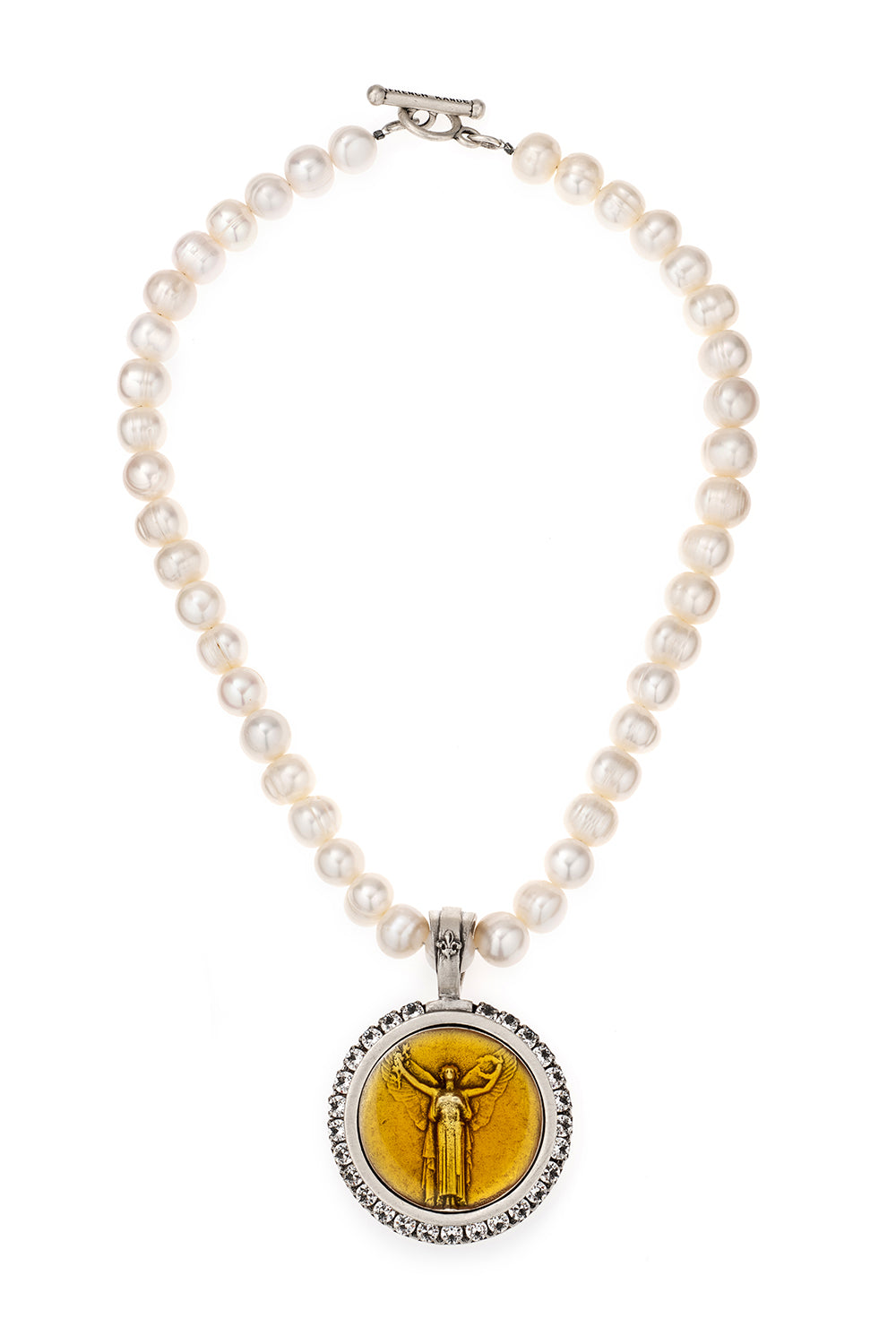 PEARLS WITH ENAMEL CIVILIZATION MEDALLION AND AUSTRIAN CRYSTAL