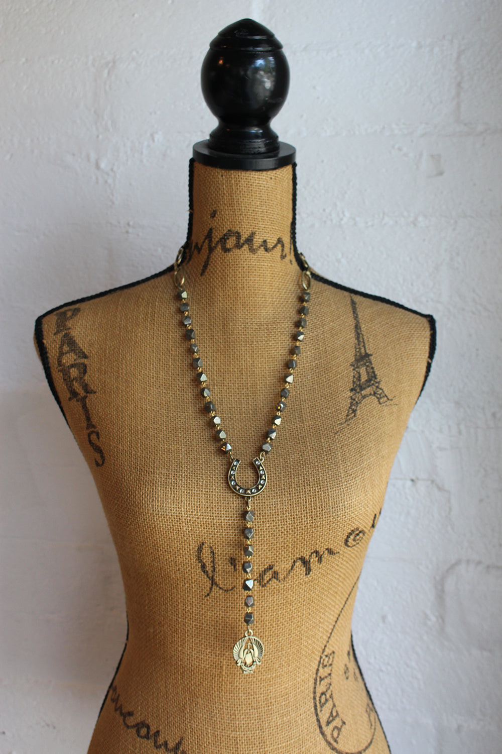 PYRITE AND ELONGATED BUBBLE CHAIN, FK HORSESHOE AND DOVES PENDANT